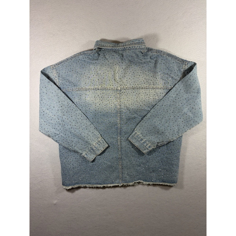 Vocal Women's Blue Denim Adorned Frayed Crop Jacket Size XL Rhinestone - Picture 6 of 7